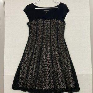 Karin Stevens Dress, Fit & Flare, Cap Sleeves, Tan Lined, Black, 10